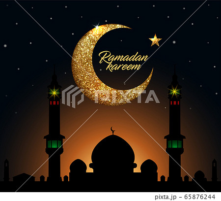 Ramadan Kareem vector background with crescent made from shiny small gold glitter squares, pixel style. Traditional Islamic holy holiday. Creative design greeting card, banner, poster. 65876244
