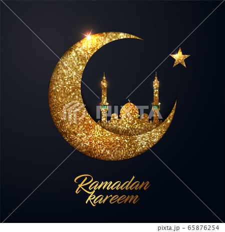 Ramadan Kareem vector background with crescent made from shiny small gold glitter squares, pixel style. Traditional Islamic holy holiday. Creative design greeting card, banner, poster. 65876254