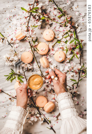 Womans hands holding espresso coffee over macaron 65876583