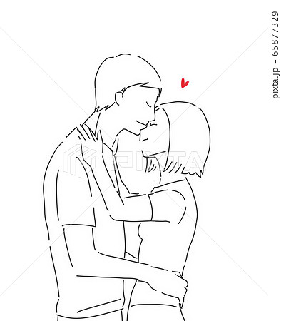 白背景におでこにキスをする男女 カップル 線画のイラスト素材
