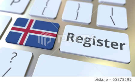 Register text and flag of Iceland on the keyboard. Online services related 3D rendering Register text and flag of Iceland on the keyboard. Online services related 3D rendering 65878599