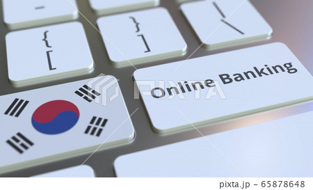 Online Banking text and flag of South Korea on the keyboard. Internet finance related conceptual 3D rendering 65878648