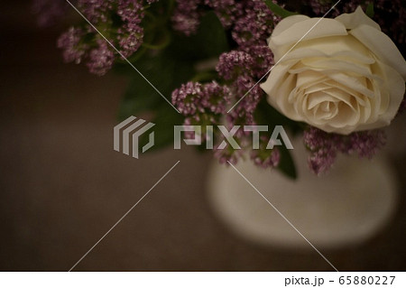Blurred dark background image with artificial colors, right with a focus on the light rose. Blurred dark background image with artificial colors, right with a focus on the light rose. 65880227