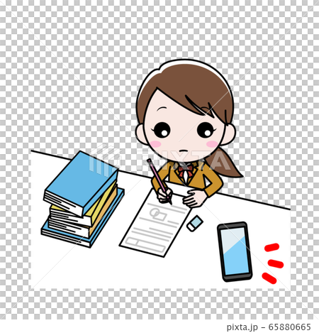 Girl studying at the desk cares about the smartphone Girl studying at the desk cares about the smartphone 65880665