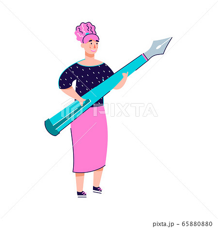 Tiny woman cartoon character holding ink pen, flat vector illustration isolated. Tiny woman cartoon character holding ink pen, flat vector illustration isolated. 65880880