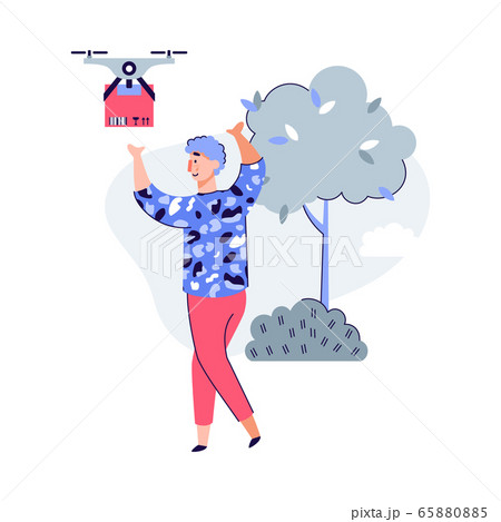 Man getting purchase delivery with drone, cartoon vector illustration isolated. 65880885