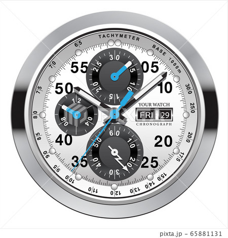 Realistic clock watch chronograph steel silver grey blue arrow black number isolated design luxury for men on white background vector illustration. Realistic clock watch chronograph steel silver grey blue arrow black number isolated design luxury for men on white background vector illustration. 65881131