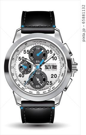 Realistic clock watch chronograph steel silver grey blue arrow black leather number strap isolated design luxury for men on white background vector illustration. Realistic clock watch chronograph steel silver grey blue arrow black leather number strap isolated design luxury for men on white background vector illustration. 65881132