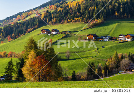 Autumn Santa Magdalena famous Italy Dolomites Autumn Santa Magdalena famous Italy Dolomites 65885018