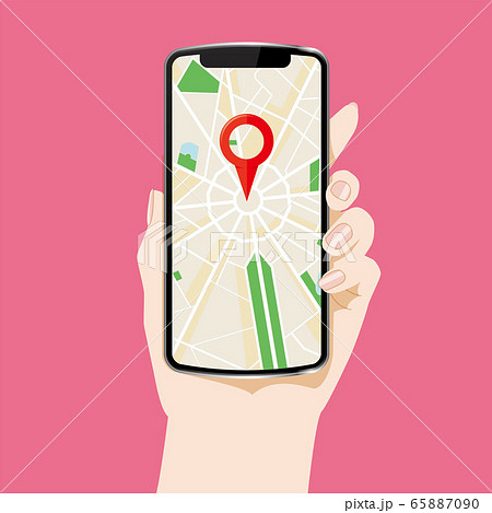 地図マップが表示されたスマホ画面と手のイラスト アイコン 配達デリバリー配車アプリのイラスト素材