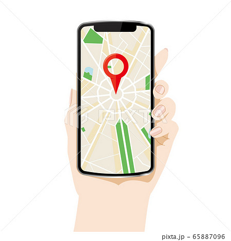 地図マップが表示されたスマホ画面と手のイラスト アイコン 配達デリバリー配車アプリのイラスト素材