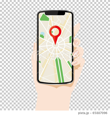 地図マップが表示されたスマホ画面と手のイラスト アイコン 配達デリバリー配車アプリのイラスト素材