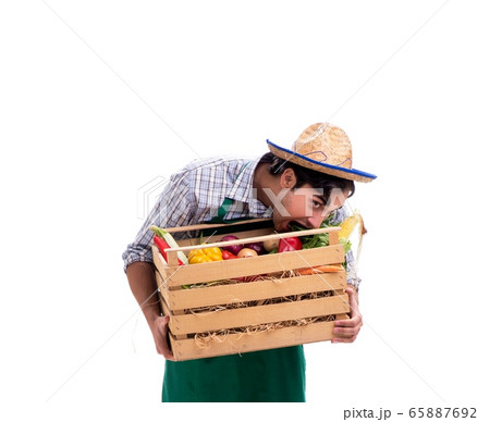 Young farmer with fresh produce isolated on white background 65887692