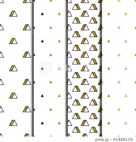 Gold triangles patterns set on white background. Abstract seamless repeating patterns. Minimal design with golden glittering geometric shapes. Vector illustration. 65888129