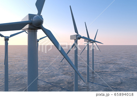 海上の風力タービン。自然のエネルギー。3Dイラスト 65894018