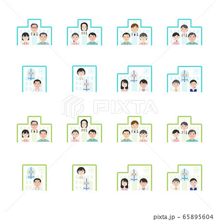 病院と医療関係者のアイコン 青 緑 のイラスト素材