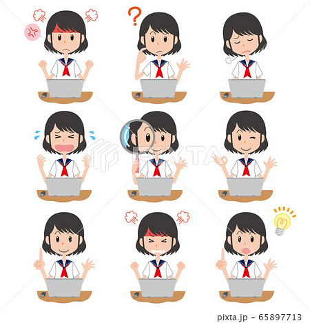 女子学生 女子高生 女子中学生 セーラー服 表情 ポーズ セット 上半身 パソコンのイラスト素材