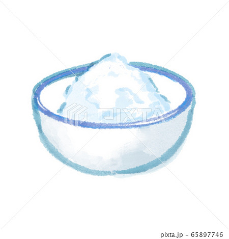 青と白のホーローボウルに入った砂糖または塩の水彩画風手描きイラストのイラスト素材