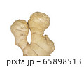 Young fresh ginger root on white background. Spicy crops root used in treatment. Isolated ginger root is used to increase immunity, to lose weight. Protects against colds and viruses. Empty space 65898513