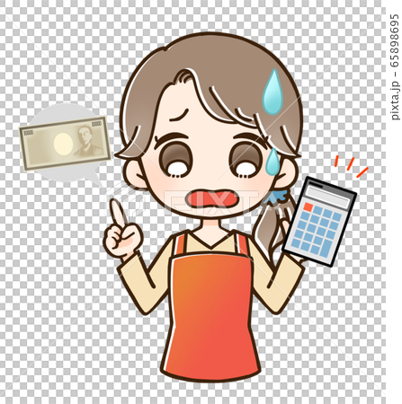 Pointing housewife calculator and money 65898695