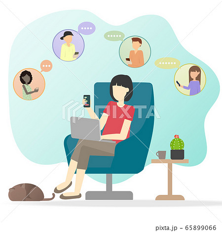 The Woman sit alone using laptop and mobile phone. 65899066