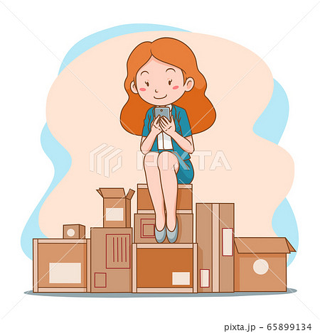 Cartoon illustration of business woman shopping online with mobile phone sitting on pile of mail boxes. Cartoon illustration of business woman shopping online with mobile phone sitting on pile of mail boxes. 65899134