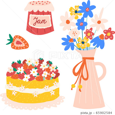 Summer party vector icons isolated. Strawberry cake, jam, flower vase hand drawn illustration. Use Summer party vector icons isolated. Strawberry cake, jam, flower vase hand drawn illustration. Use 65902584