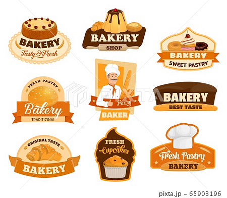 Baker with bread and pastry isolated icons Baker with bread and pastry isolated icons 65903196
