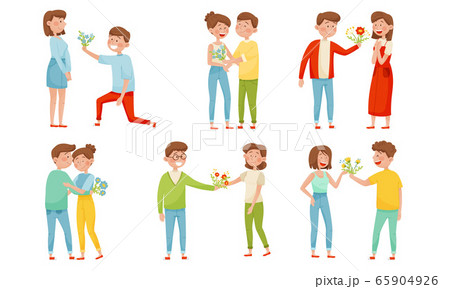 Young Man Giving Flowers Bouquet to Woman Vector Illustrations Set 65904926