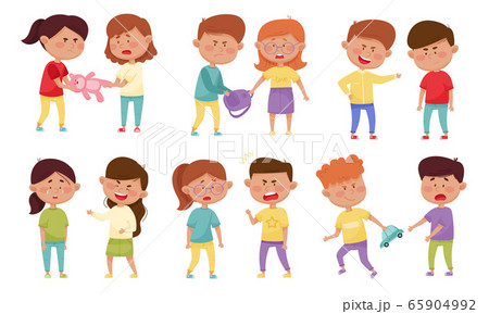 Bullying Children Characters Abusing and Treating Badly Another Kids Vector Illustrations Set 65904992