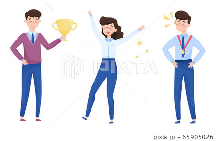 Young Man Holding Golden Cup as Prize and Woman Raising Her Hands Up with Joy Vector Illustrations Set Young Man Holding Golden Cup as Prize and Woman Raising Her Hands Up with Joy Vector Illustrations Set 65905026