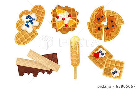 Waffles with Textured Surface and Sweet Creamy and Caramel Topping with Berries Vector Set 65905067