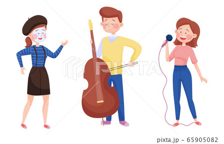 Young Street Performers with Boy Playing Cello and Girl Miming Vector Set 65905082