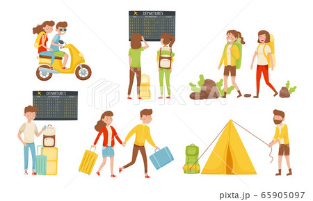 People Travelers Hiking with Backpacks and Waiting for Their Flight in the Airport Vector Illustrations Set 65905097