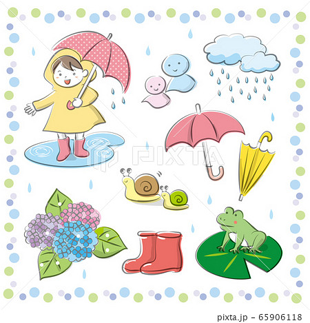 手書き風かわいい梅雨イラストセット（白背景）のイラスト素材