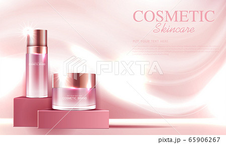 Hydrating facial skincare for annual sale or festival sale. red silver cream mask bottle isolated on glitter particles background for product presentation. Graceful cosmetic ads, Vector illustration 65906267