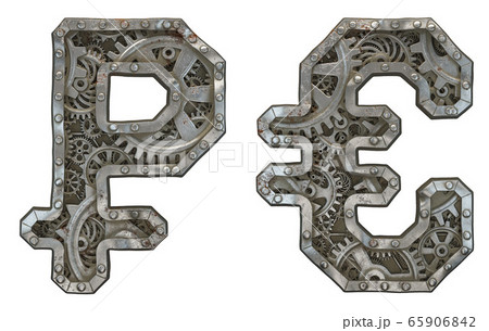 Set of mechanical alphabet made from rivet metal with gears on white background. Symbol rouble and euro. 3D 65906842