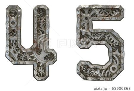 Set of mechanical alphabet made from rivet metal with gears on white background. Numbers 4, 5. 3D Set of mechanical alphabet made from rivet metal with gears on white background. Numbers 4, 5. 3D 65906868