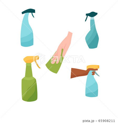 Spray bottles sanitiser set with hand and cloth vector illustration 65908211