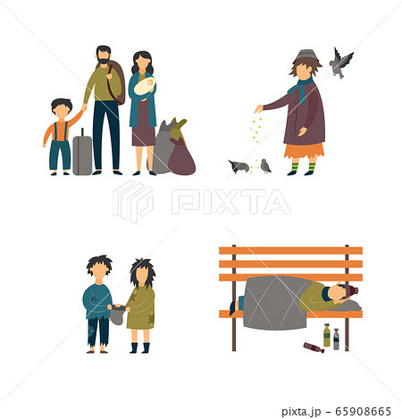 Homeless cartoon people set - refugee family,... - Stock Illustration  [65908665] - PIXTA