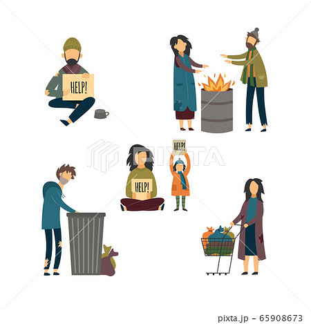 Homeless people set - man, woman and child holding help sign 65908673