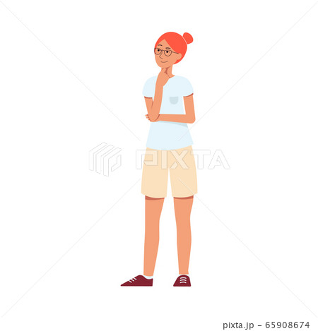 Young caucasian woman or girl with red hair and a bunch on her head, glasses stands and smiles. 65908674