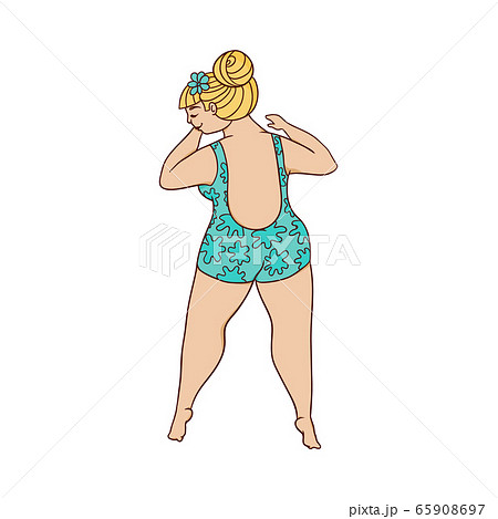 Caucasian fat woman blonde in a swimsuit lies back up, body positive concept. 65908697