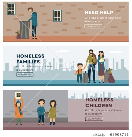 Homeless people banner set - poor families and children in need of help 65908711