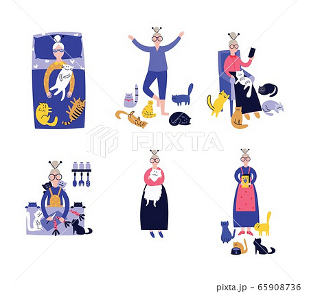 Lonely lady with cats in everyday activity set of vector illustrations on white . Lonely lady with cats in everyday activity set of vector illustrations on white . 65908736
