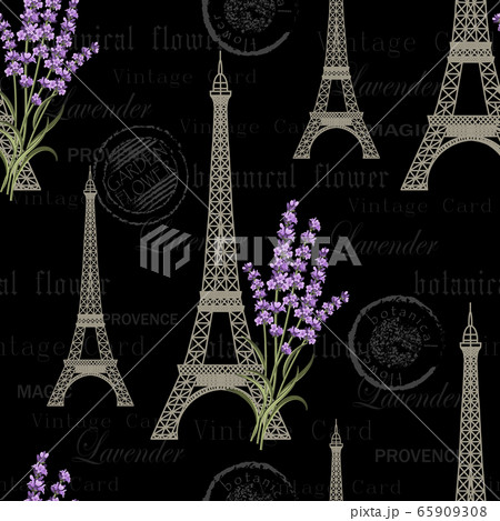 Seamless floral pattern with Eiffel towers on vintage postcard background. Vector illustration Seamless floral pattern with Eiffel towers on vintage postcard background. Vector illustration 65909308