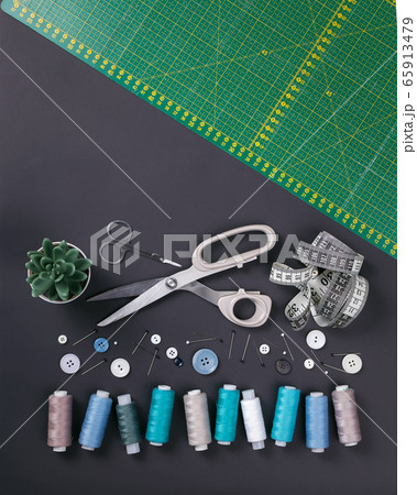 sewing items on a black background from above sewing items on a black background from above 65913479