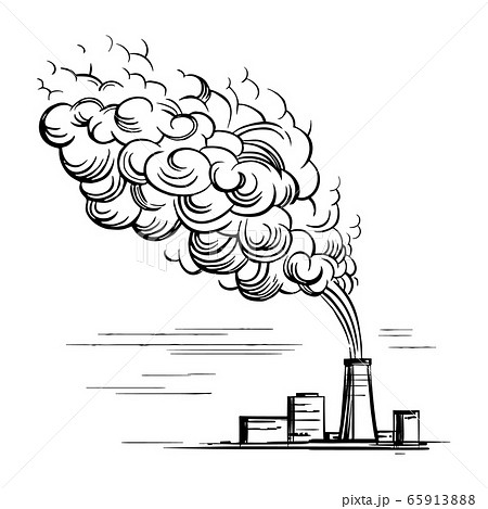 Doodle sketch, a factory with smoke from a pipe. Hand-drawn outline illustration for business design isolated on white 65913888