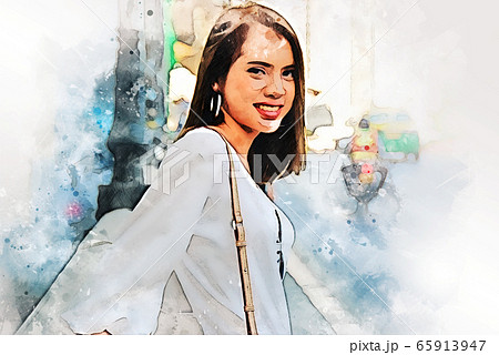 young woman smile portrait and walking traveling in the city on watercolor illustration painting background. 65913947