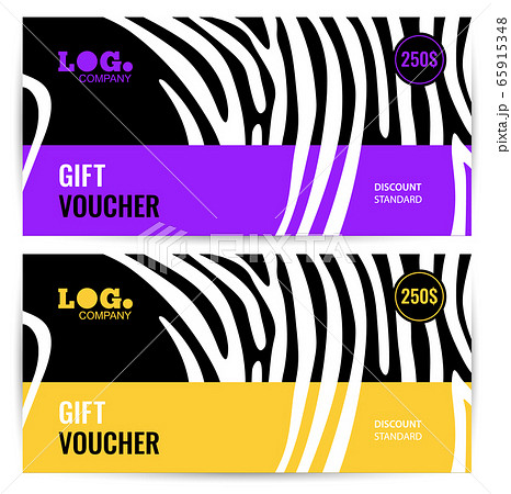 Horizontal gift voucher white lines on black background. Bright yellow and violet abstract design. Horizontal gift voucher white lines on black background. Bright yellow and violet abstract design. 65915348